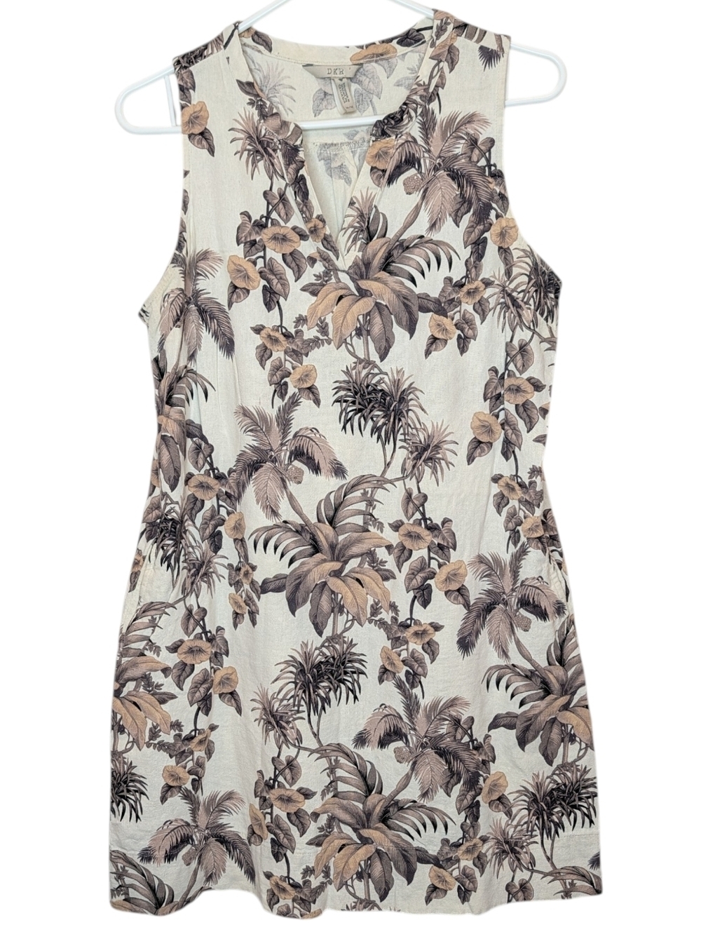 DKR Linen Blend Sleeveless Dress Neutral Tropical Print M